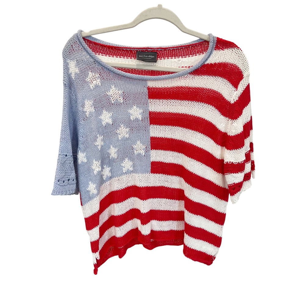 Wooden Ships American‎ Flag Knit Sweater Stars Stripes Red White Blue - Size S/M